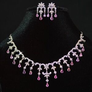 CERTIFIED NATURAL 14.1CTS DIAMOND PINK SAPPHIRE 18K GOLD NECKLACE EARRINGS SET